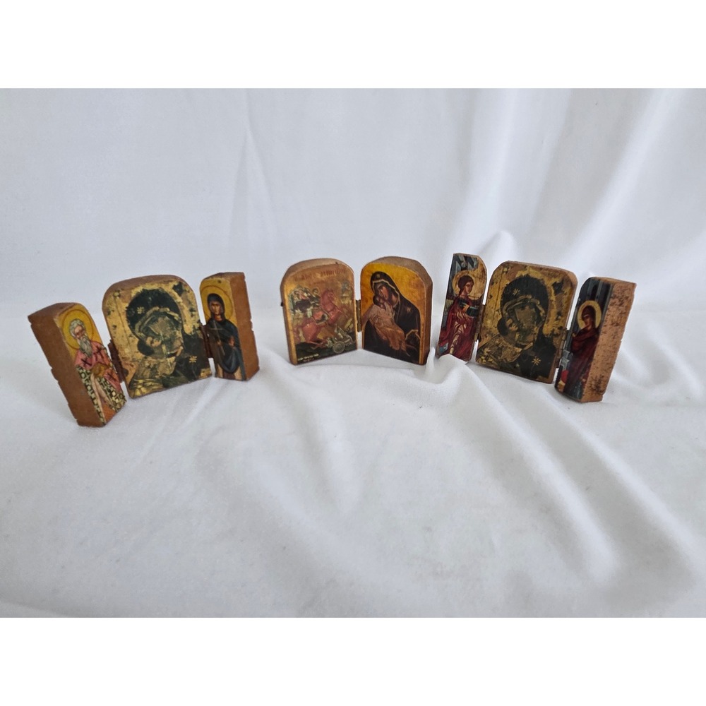 Vintage Mini Wood Religious Icons Set Triptych Diptych, Virgin Mary Saints 3pc